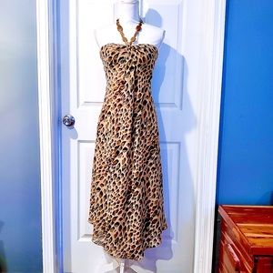 ADRIANNA PAPELL Animal Print Beaded Halter Dress